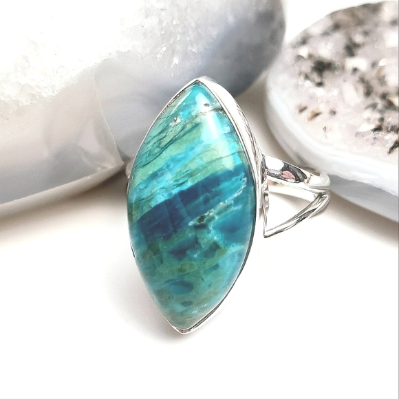 Sterling Silver Marquis Peru Opaline Ring Size 7 - Picture 10 of 16